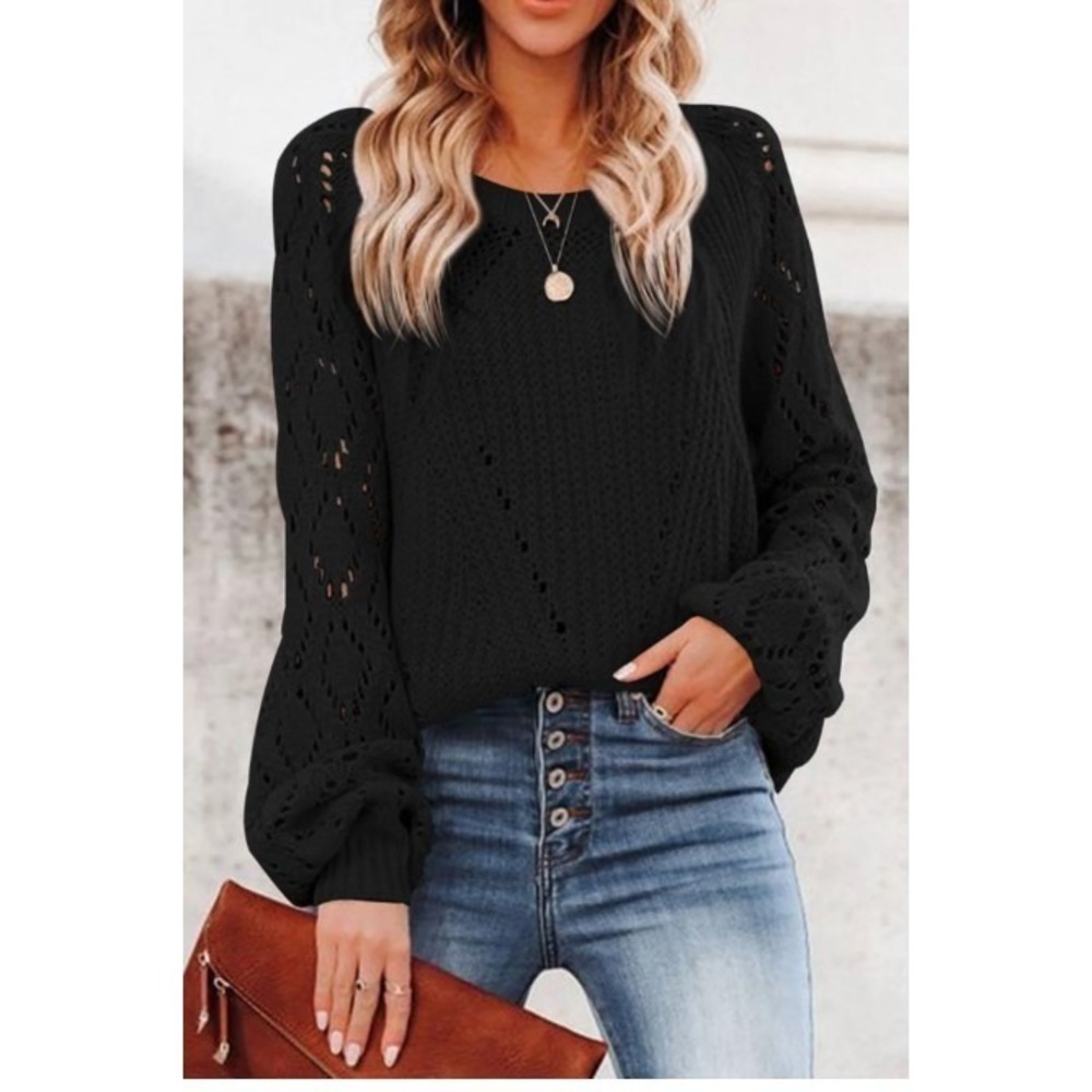 Womens Black Crew Neck Long Sleeve Diamond Pattern Cutout Sweater Size M